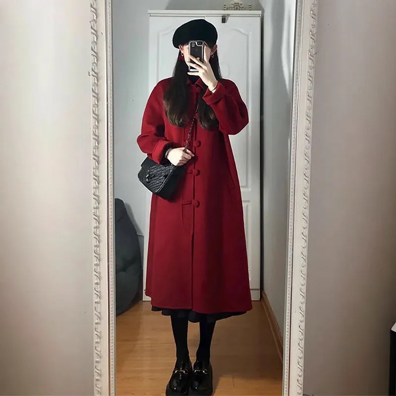 红色呢子大衣女中长款2025秋冬新款赫本风韩系爆款高级感毛呢外套