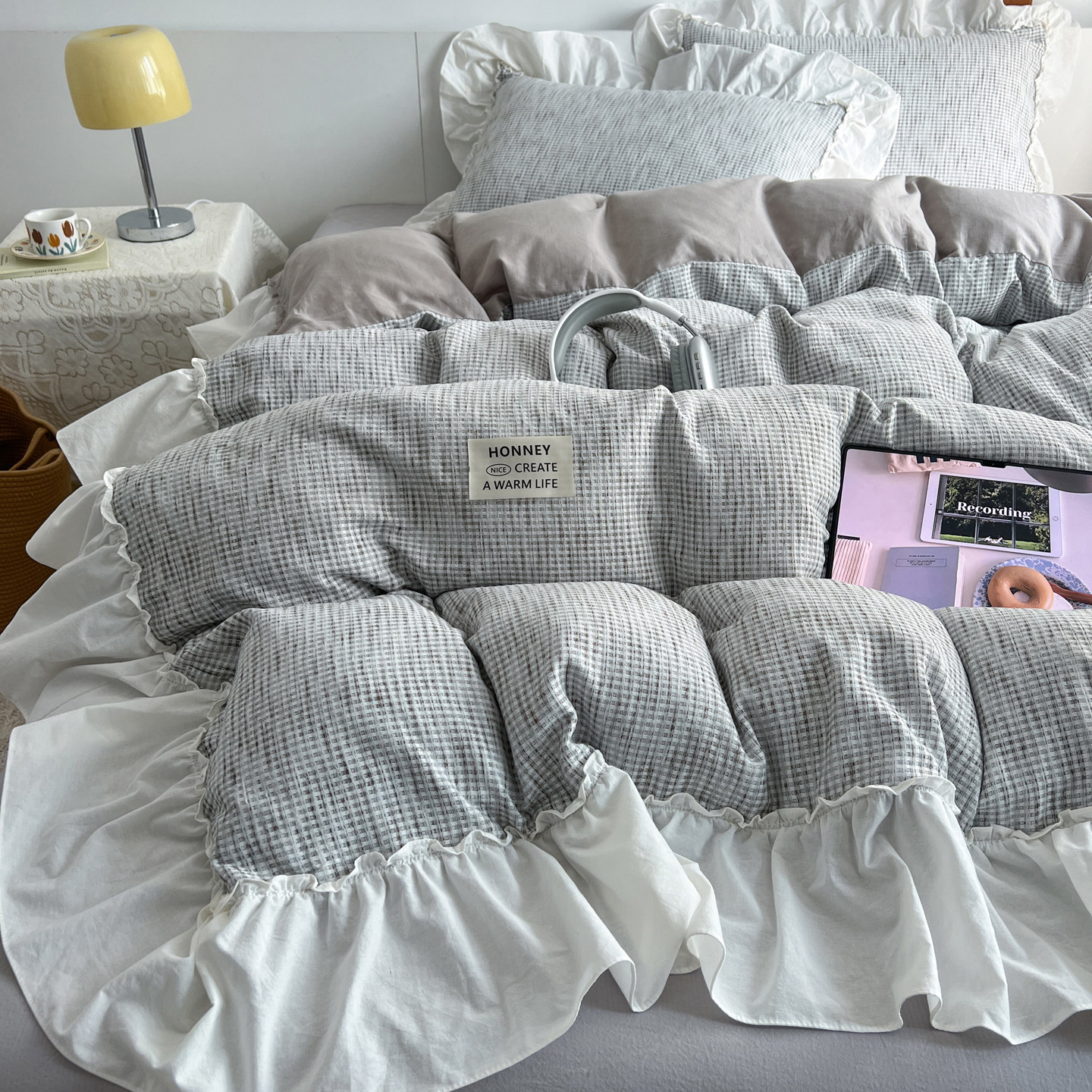 韩式ins 风雪尼尔提花四件套新款荷叶花边被套宿舍床单人三件套笠