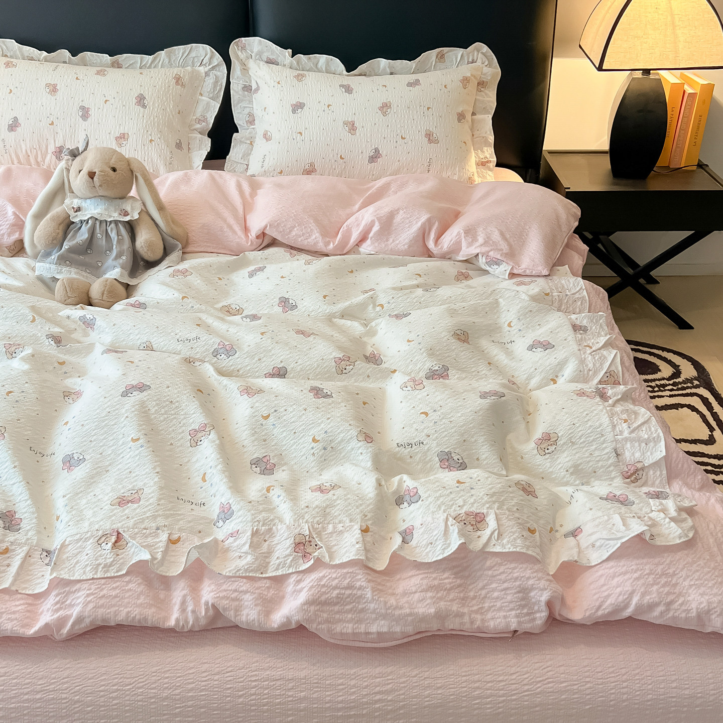 新款A类韩式花边卡通水洗棉床上四件套被套床单人宿舍三件套笠