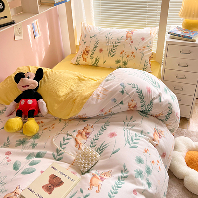 迪士尼碎花维尼熊床上用品四件套非纯棉全棉床被套床笠宿舍三件套