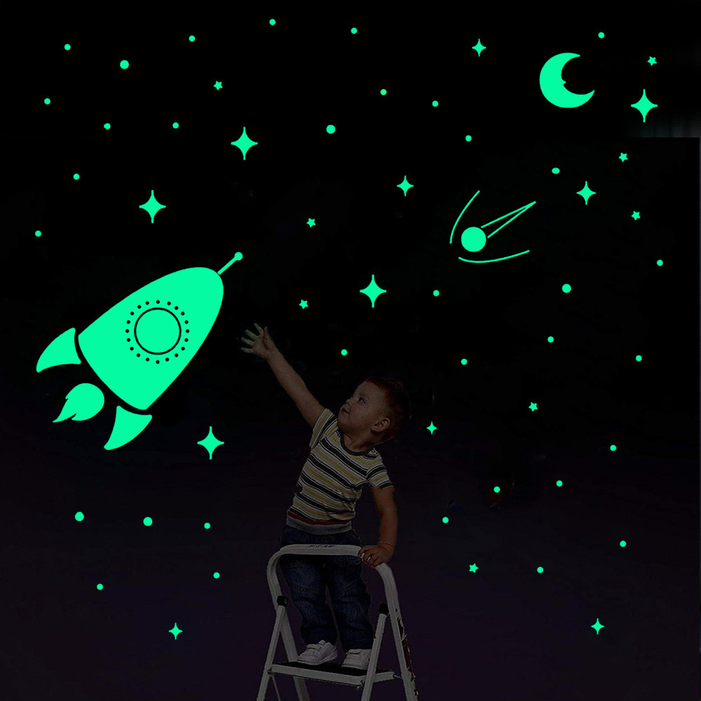 夜光飞船星星月亮组合贴纸卧室儿童房墙面装饰自粘发光荧光墙贴