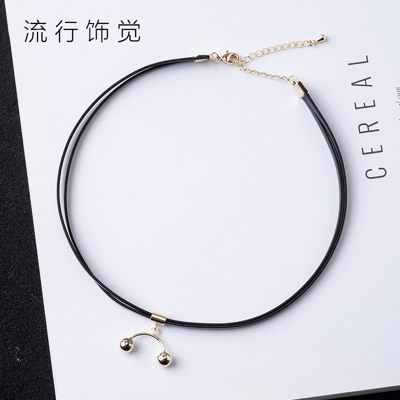 流行饰觉 黑色仿皮绳金属圆球几何短项链choker颈链日韩个性配