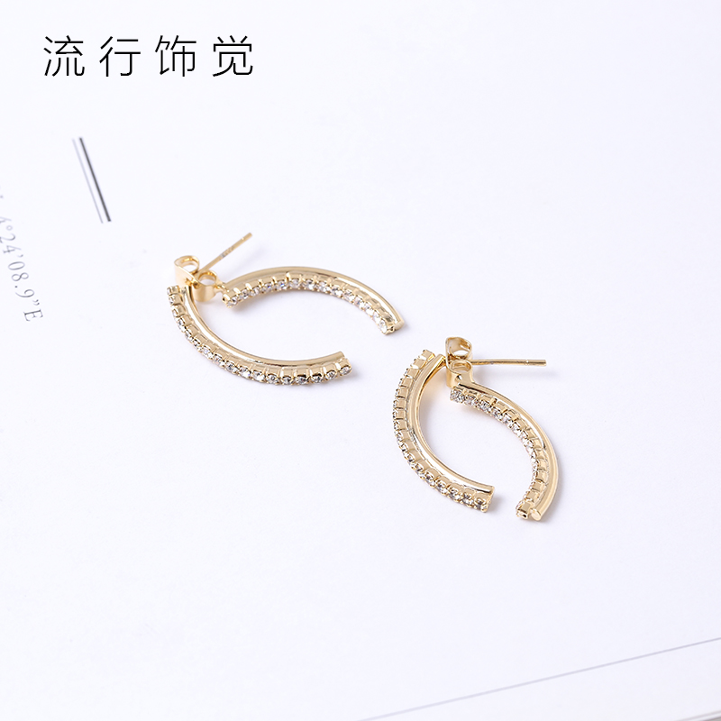 流行饰觉 S925银针弧形镶钻后挂式耳环日韩简约时尚个性耳饰女