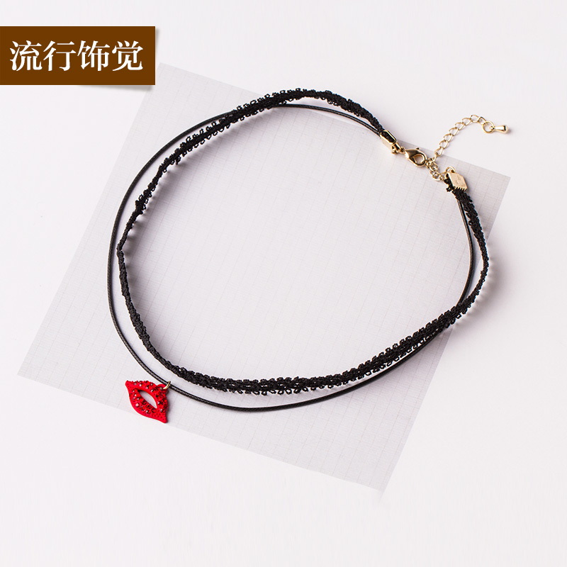 流行饰觉 镶钻红唇蕾丝双层短款项链时尚复古choker颈链女新品