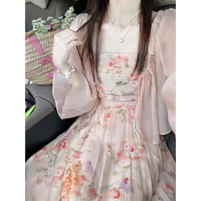 法式温柔甜美减龄抹胸碎花连衣裙子女夏天外穿防晒衫上衣两件套装