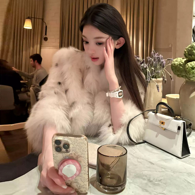 早安樊樊墨云间芬兰进口saga级环保白狐皮草山猫纹韩版毛毛外套女