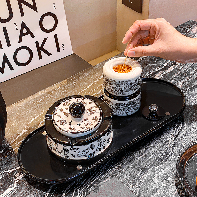 法式陶瓷烟灰缸牙签筒套装家用茶几烟盅带盖高颜值女装饰烟灰缸