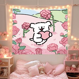 可爱线条小狗卡通背景布宿舍房间卧室布置装饰墙布挂毯免打孔挂布