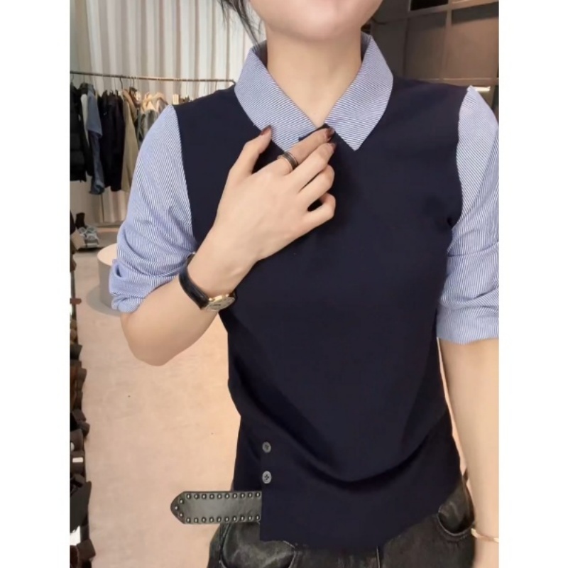 高级感假两件条纹衬衫拼接毛衣女装秋冬季2025新款上衣针织打底衫
