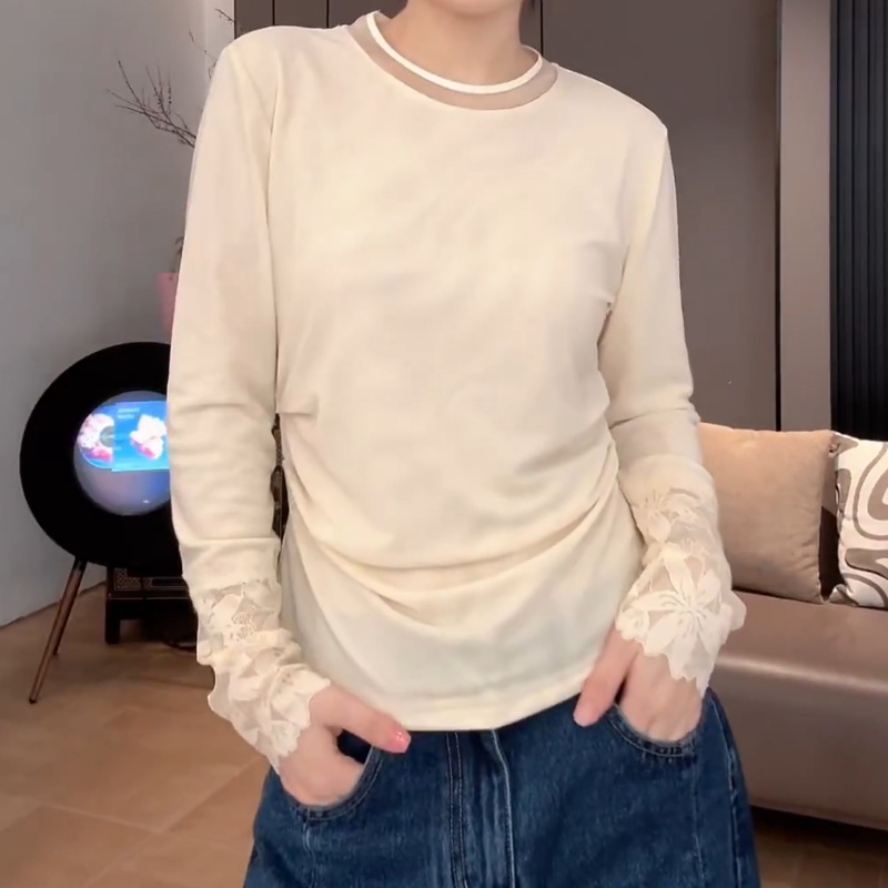 韩系蕾丝拼接长袖T恤女2025秋季新款设计感小众修身显瘦打底上衣