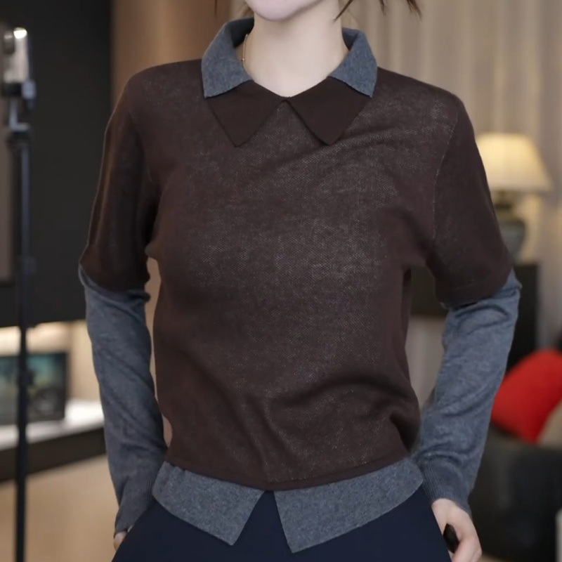 设计感小众撞色翻领长袖假两件针织衫女秋季新款百搭休闲减龄上衣