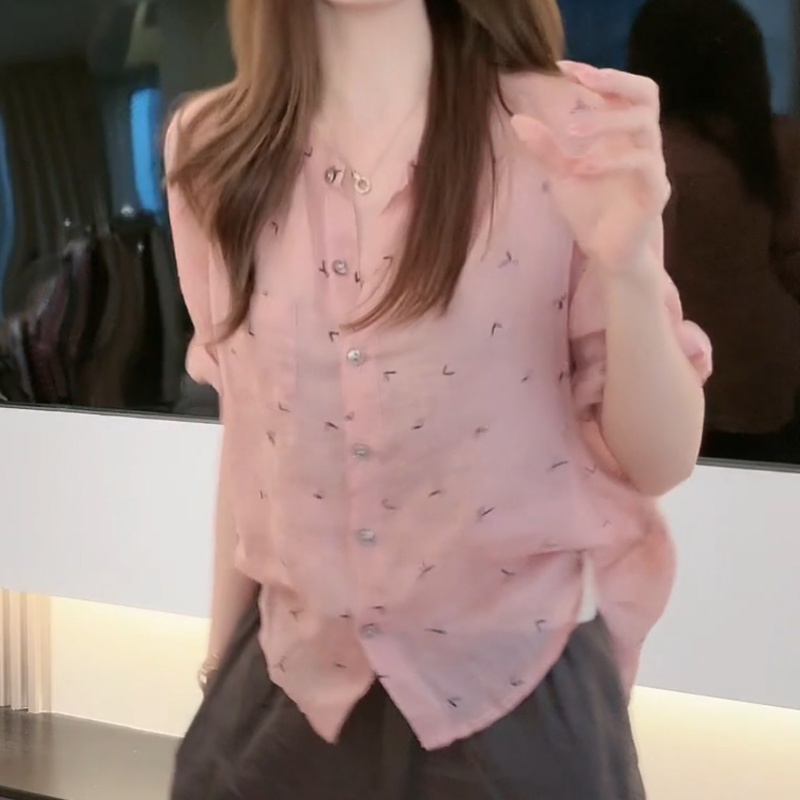 设计感千鸟图案粉色防晒衬衣女2025夏季新款时尚洋气减龄休闲上衣