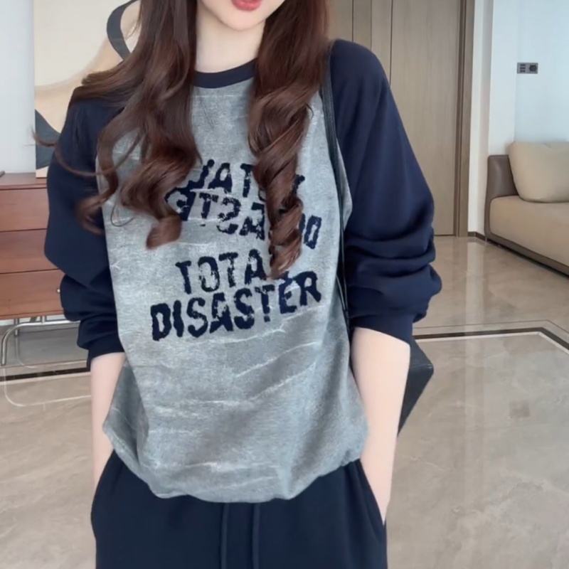 美式复古设计感宽松休闲撞色插肩袖晕染字母卫衣2025秋装新款上衣