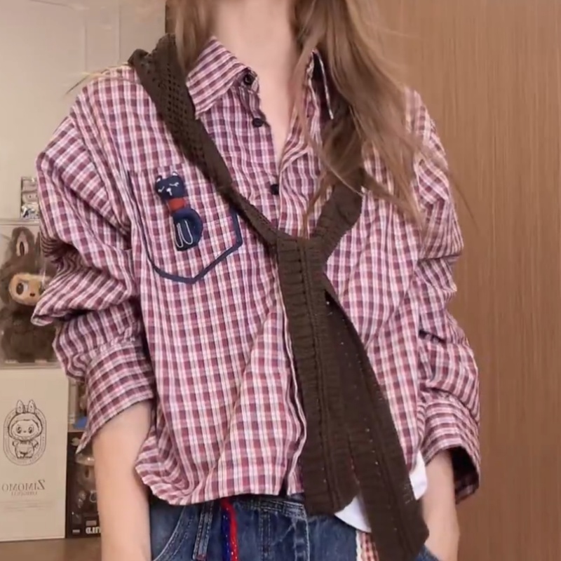 早秋韩系格纹复古衬衫披肩两件套上衣女2025超火松弛感穿搭一整套