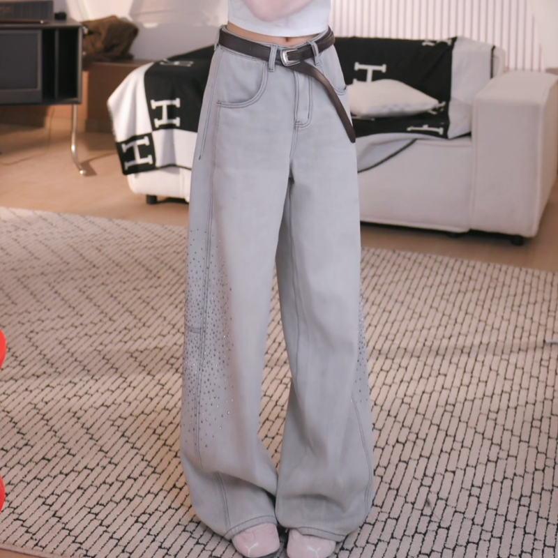 新款烫钻加绒拼接牛仔直筒裤美式街头长裤女水洗纯色阔腿休闲裤子