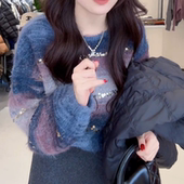 小个子重工亮片马海毛针织衫 渐变色条纹圆领毛衣 2025秋冬高腰短款