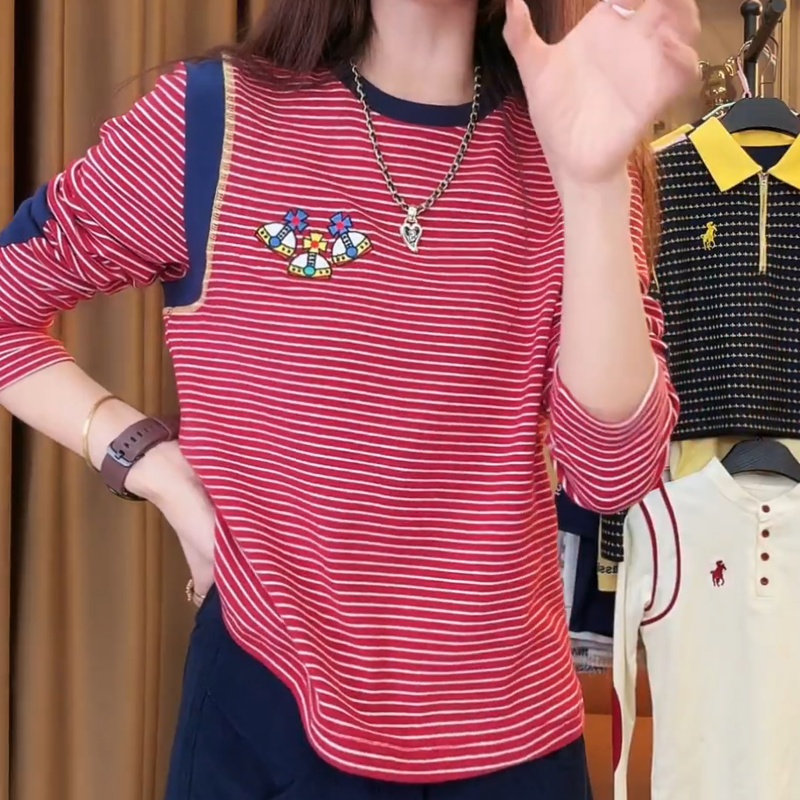 潮牌设计感条纹长袖T恤女2025秋季新款字母刺绣休闲百搭显瘦上衣
