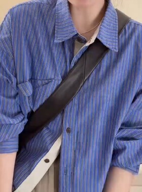 韩系chic蓝色条纹Polo领衬衫女宽松防晒外套早秋长袖休闲外搭上衣