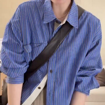 韩系chic蓝色条纹Polo领衬衫女宽松防晒外套早秋长袖休闲外搭上衣