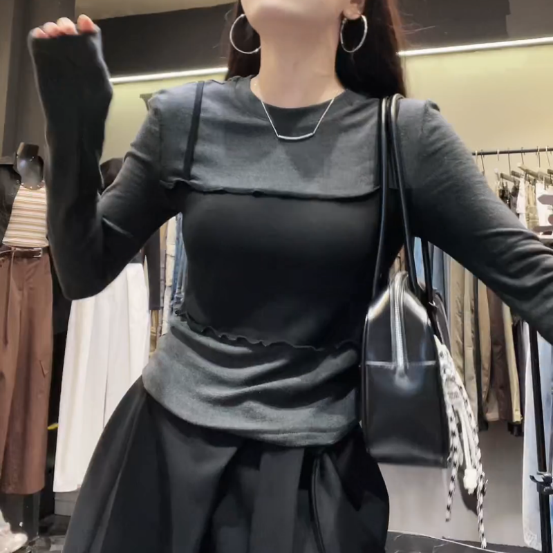 吊带拼接假两件长袖t恤女士2025早秋新款独特漂亮修身打底衫上衣