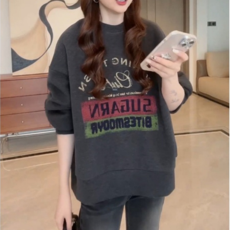 早秋季新款美式复古时尚宽松显瘦百搭圆领设计感前后字母长袖卫衣