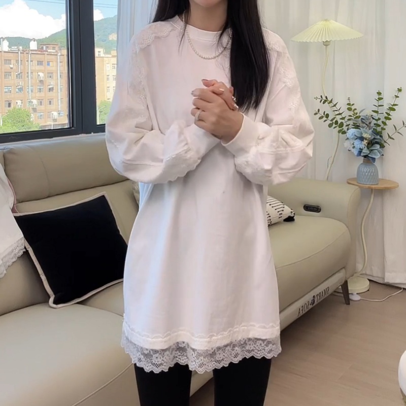 欧货白色磨毛长袖蕾丝拼接t恤女秋冬宽松内搭打底衫配鲨鱼裤上衣
