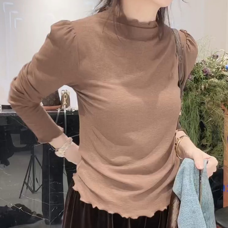 半高领长袖上衣女秋装2025冬季新款显瘦洋气泡泡袖内搭打底衫上衣