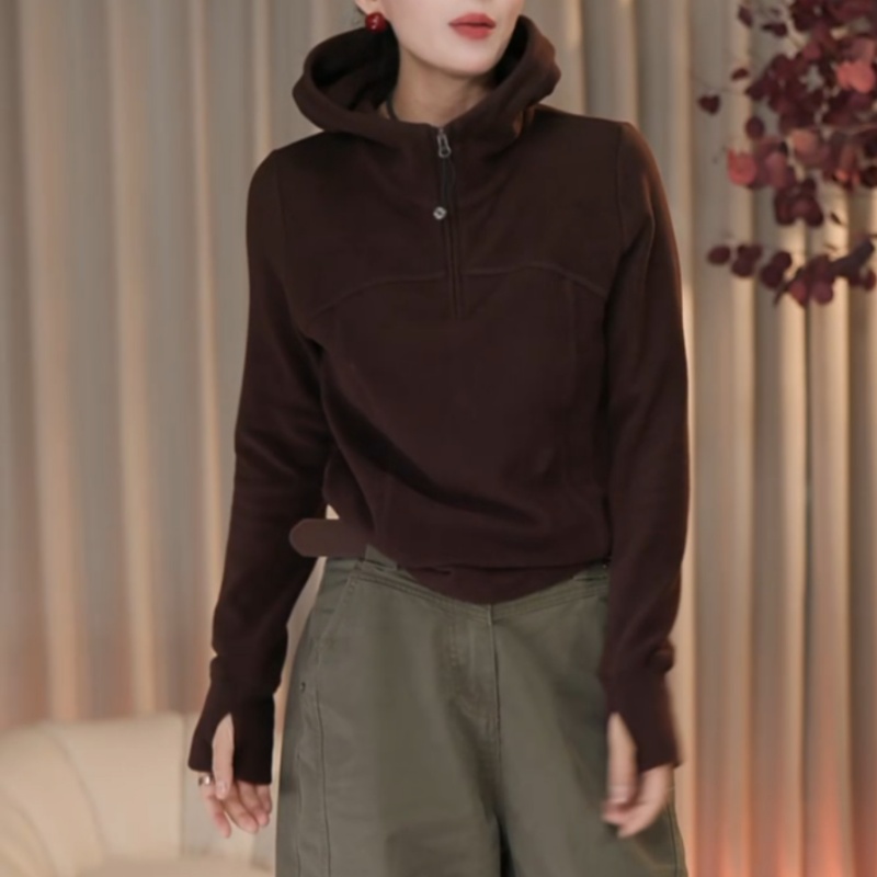 早秋德绒半拉链连帽卫衣女2025新款爆款时尚洋气套头帽衫内搭上衣