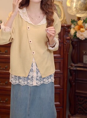 假两件设计感蕾丝拼接针织衫女2025早秋新款宽松气质显瘦百搭上衣