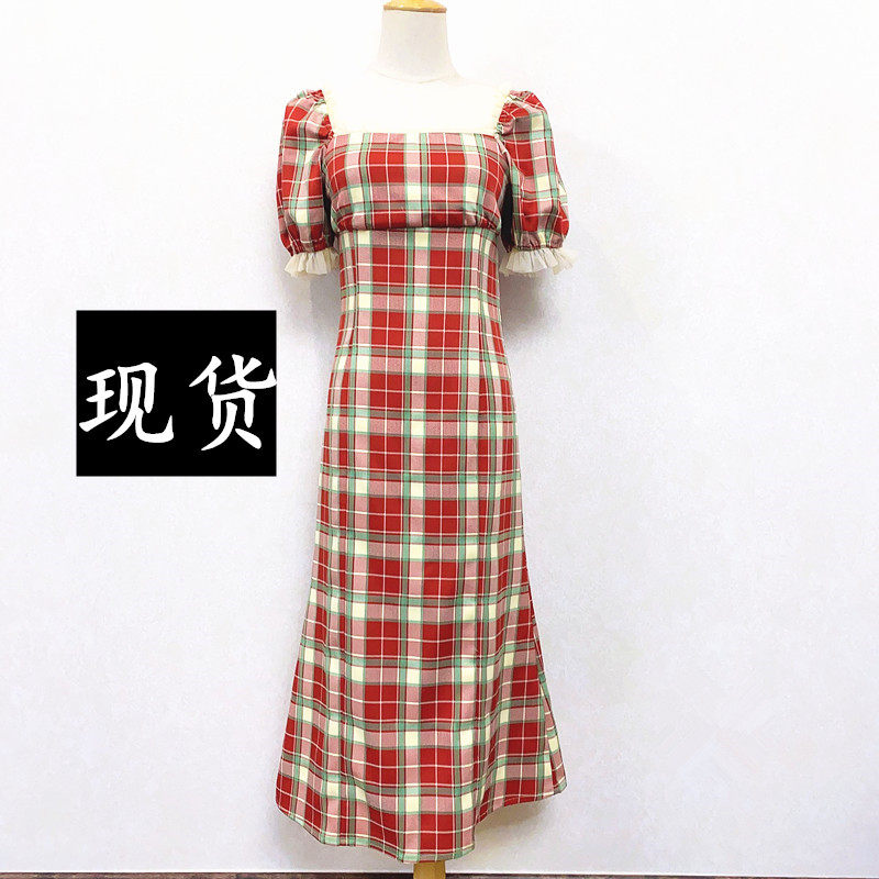 复古格子红色连衣裙女春夏方领泡泡袖法式收腰显瘦a字短裙