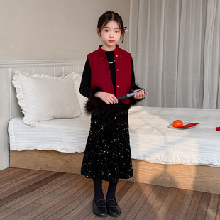 女童中国风拜年服套装2026新款儿童红色马甲国风唐装女孩新年战袍