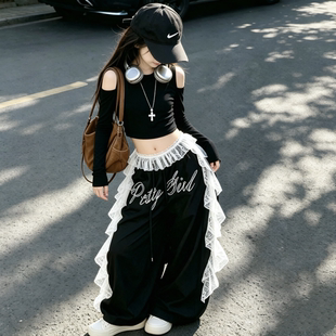 女童春秋长袖T恤套装儿童背心高腰露脐装爵士风嘻哈街舞服工装裤