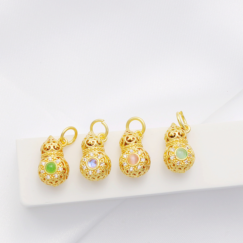 18K包金保色哑金镶锆嵌猫眼镂空福禄吊坠diy项链手链手工饰品配件