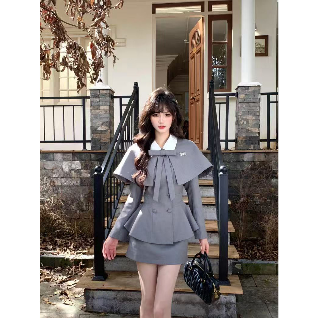 法式名媛千金风高级感套装气质小香风蝴蝶结外套高腰包臀裙两件套