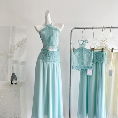 JMSHOP 罗马许愿池 仿真丝皱雪纺挂脖吊带水溶花边半裙套装度假裙