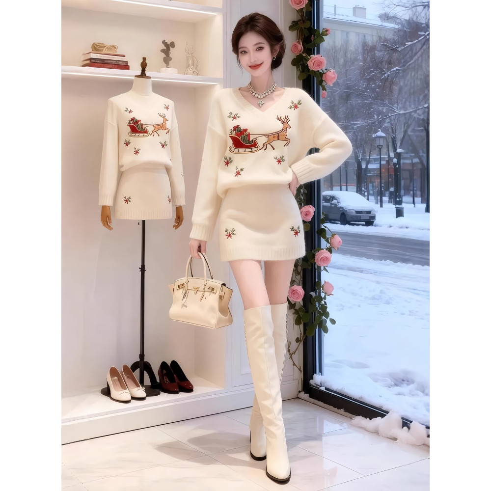 独特穿搭一整女冬季新款圣诞麋鹿刺绣针织毛衣针织短裙巨好看套装
