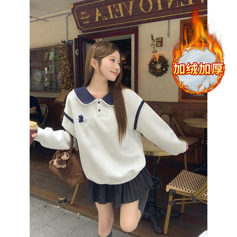 实拍加绒卫衣秋冬新款初中生学生中长宽松刺绣娃娃领保暖上衣
