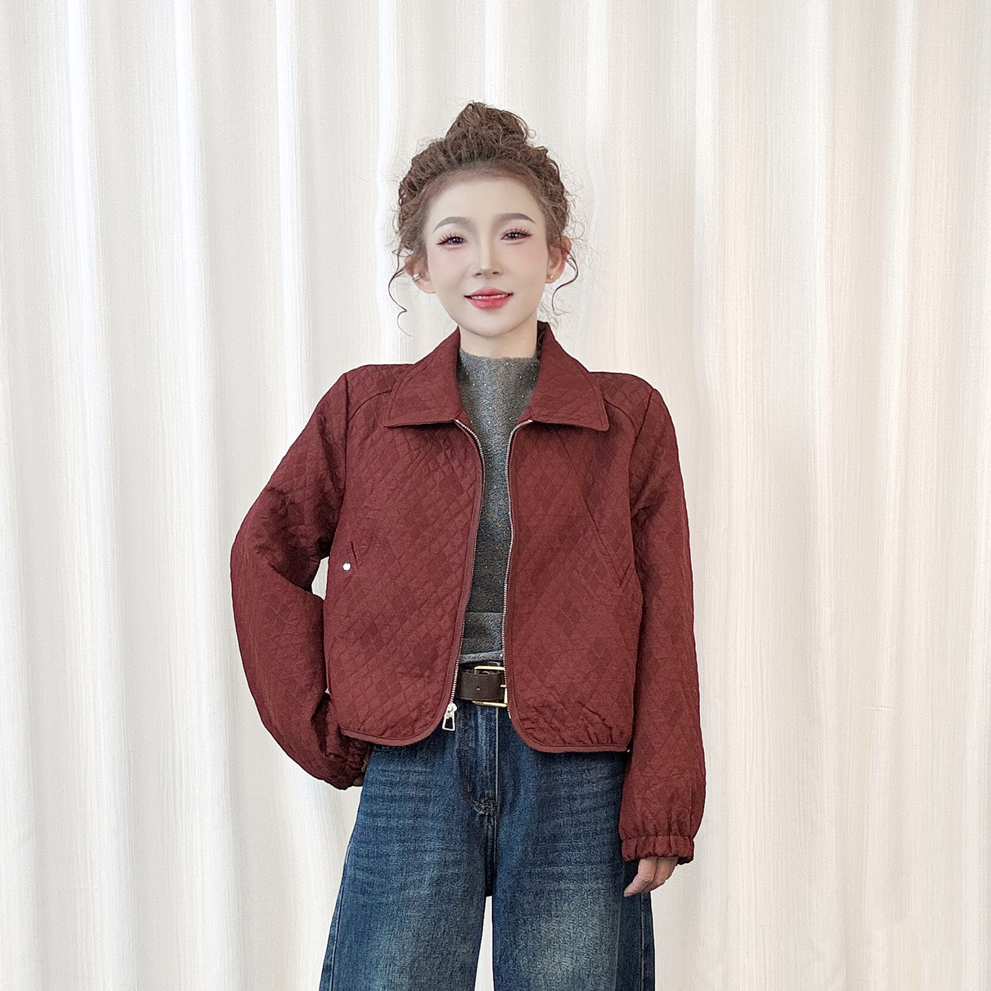 秋季翻领菱格短款小个子夹克女