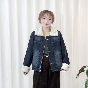 加绒加厚牛仔短款外套女士冬季小个子高级感复古翻领保暖夹克上衣