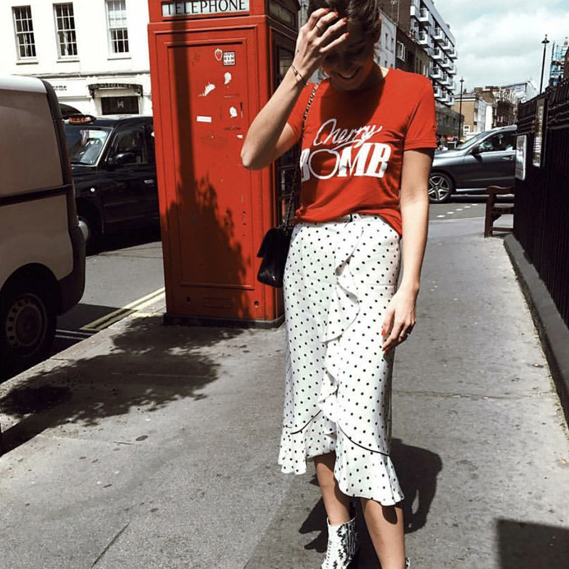 savis时尚博主百搭雪纺波点不规则荷叶边黑白二色半身裙a字中长裙