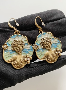 中古vintage宫廷风复古做旧高级感蓝色人像耳钉C36（现货）