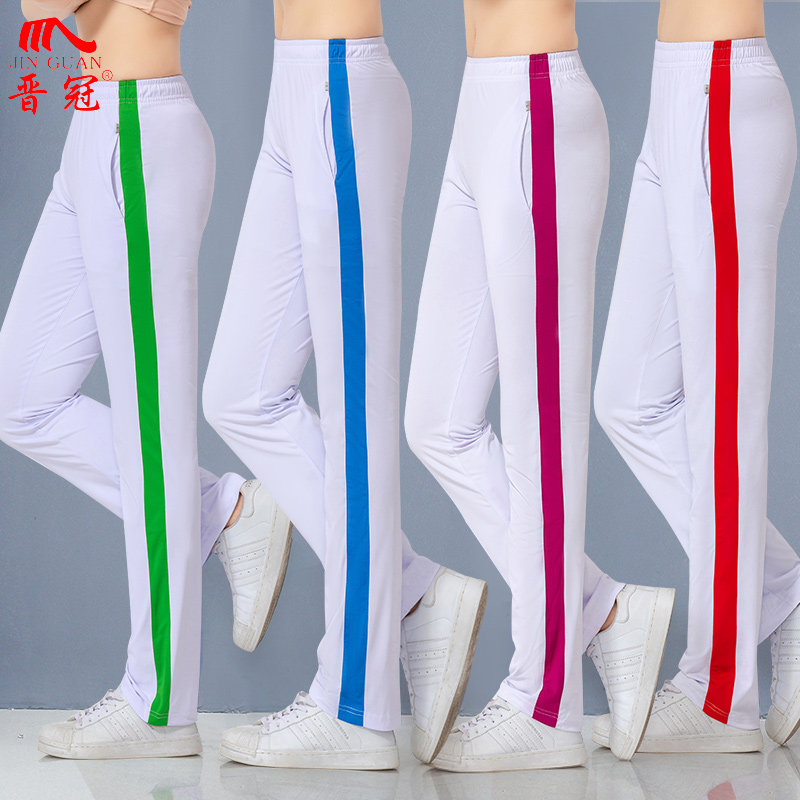 白色宽蓝条红条运动裤女长裤体操裤卫裤学生运动裤校服裤团购
