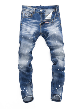 D2 JEANS 欧洲站轻奢潮牌新款蓝色磨白修身小脚漆点泼墨牛仔裤男