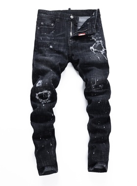 D2 JEANS欧洲站轻奢潮牌新款黑灰色水洗破坏拼皮补丁修身牛仔裤男