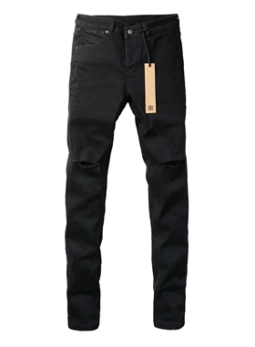 KSUBI JEANS 新款美式潮牌膝盖刀割破洞弹力修身小脚黑色牛仔裤男