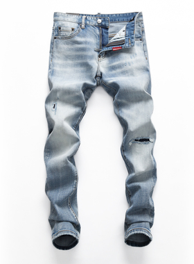 D2 JEANS欧洲站轻奢潮牌新款浅色磨白水洗膝盖刀割破洞补丁牛仔裤