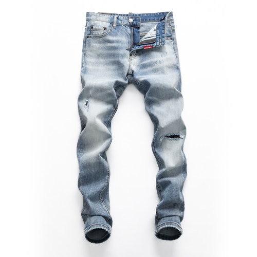 D2JEANS轻奢浅色破洞补丁牛仔裤