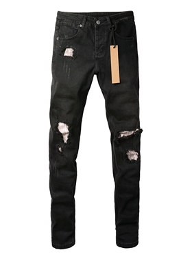 KSUBI JEANS 新款美式潮牌独特图案补丁弹力修身破洞黑色牛仔裤男