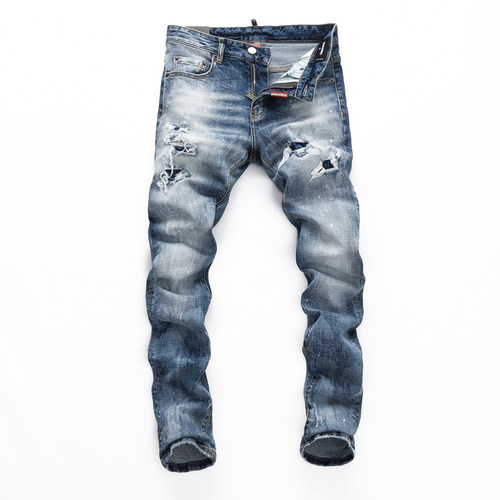 D2JEANS复古蓝磨白补丁牛仔裤男