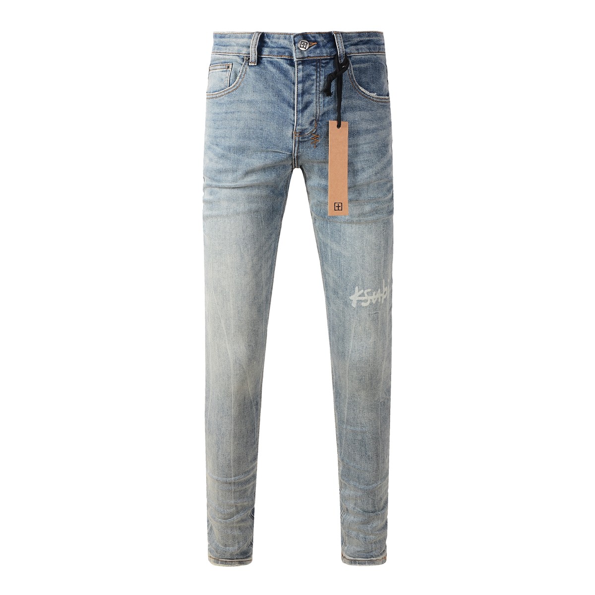 thumbnail for KSUBI JEANS American fashion brand new light color distressed washed logo print stretch slim jeans men